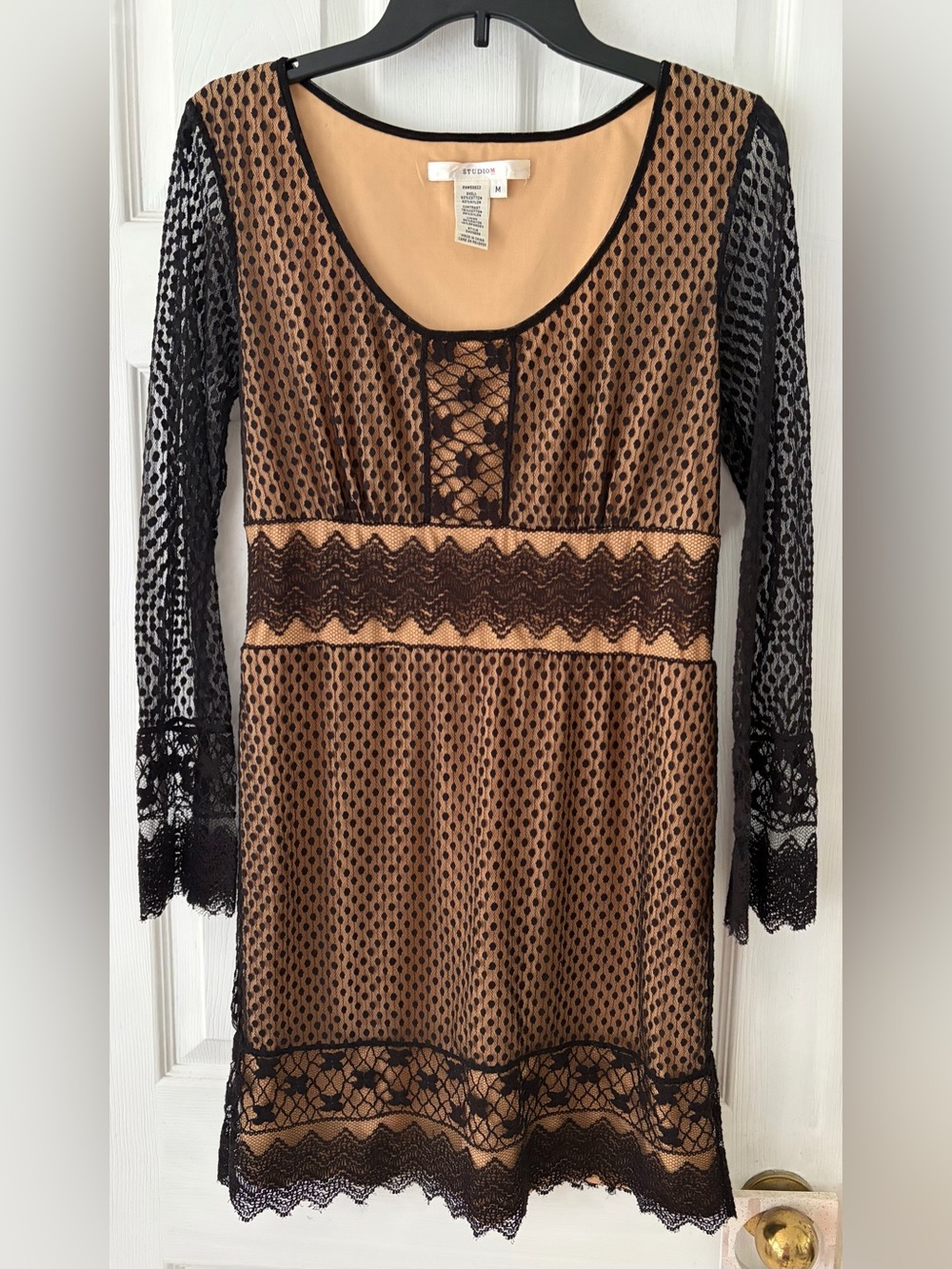 Studio M Black Lace Overlay on Tan Slip Long Sleeve Dress